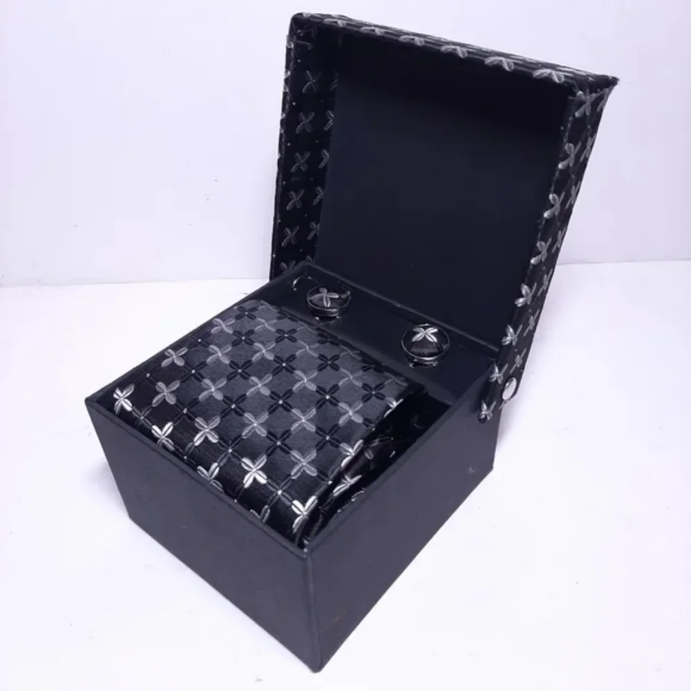 3Pc Boxed Gift Tie Set Coordinated Print Cuff Links Pocket Square